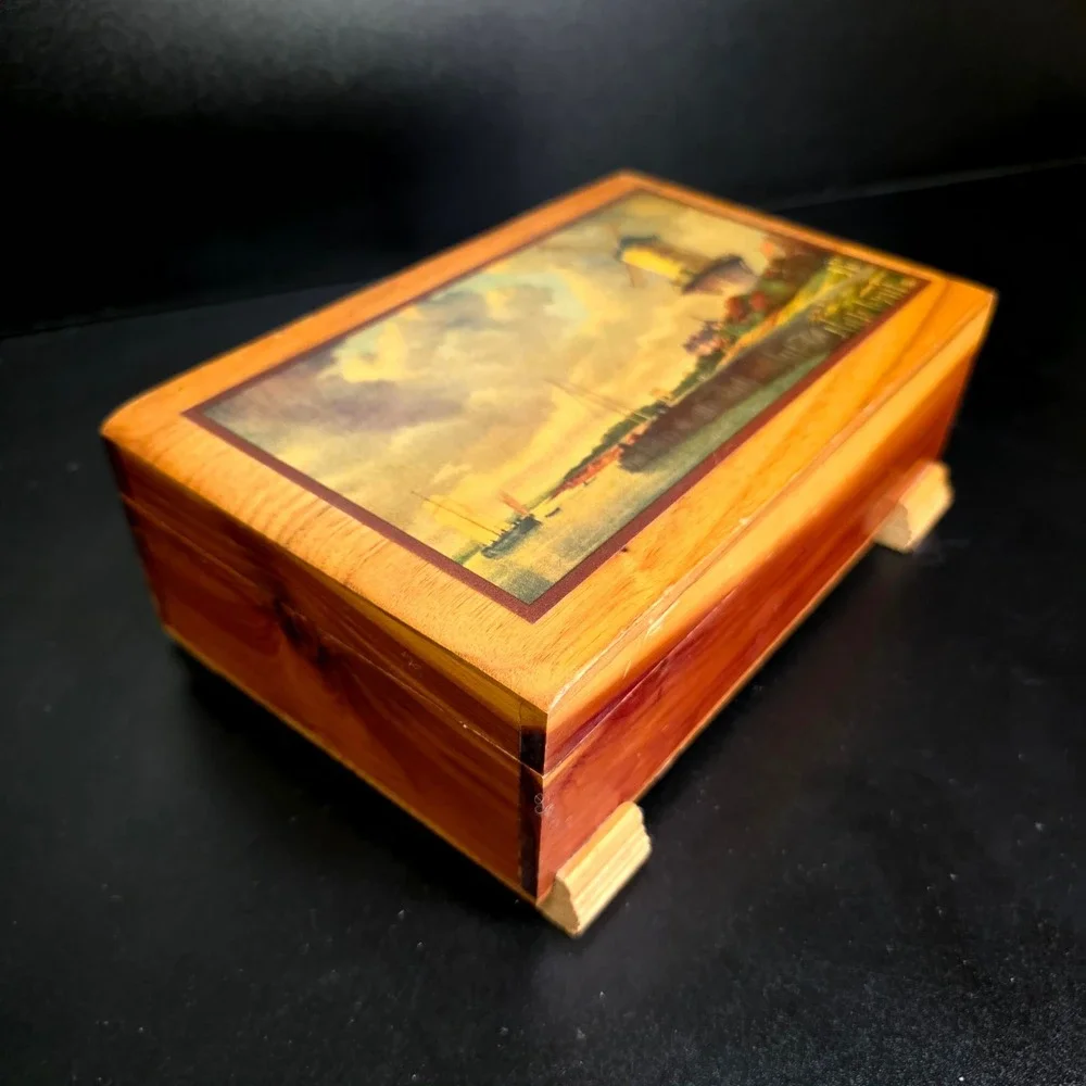 Cedar Wood Trinket Box Small Brown Dutch Windmill Vintage Decor Cottagecore Art